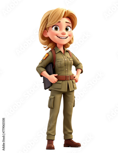 A cartoon girl in a military uniform is smiling and holding a backpack. A cartoon