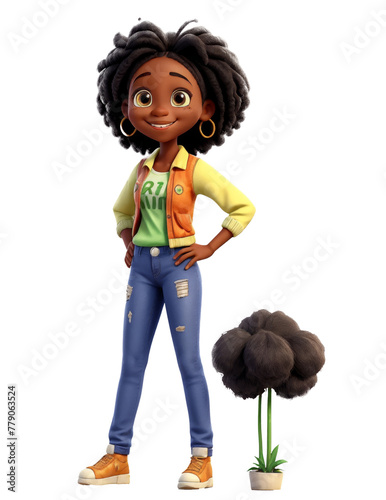 A cartoon girl with dreadlocks and a yellow jacket stands next to a plant. A cartoon