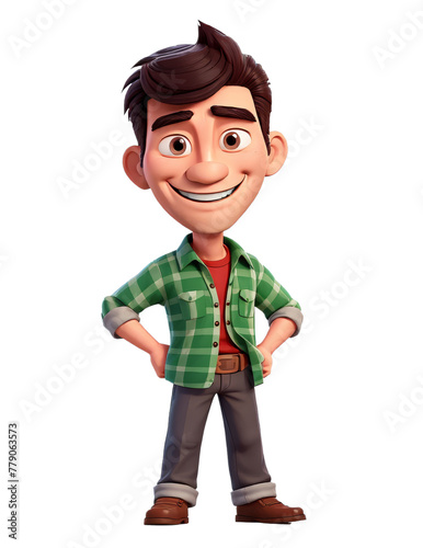 A young man with a green plaid shirt and jeans is smiling. A cartoon