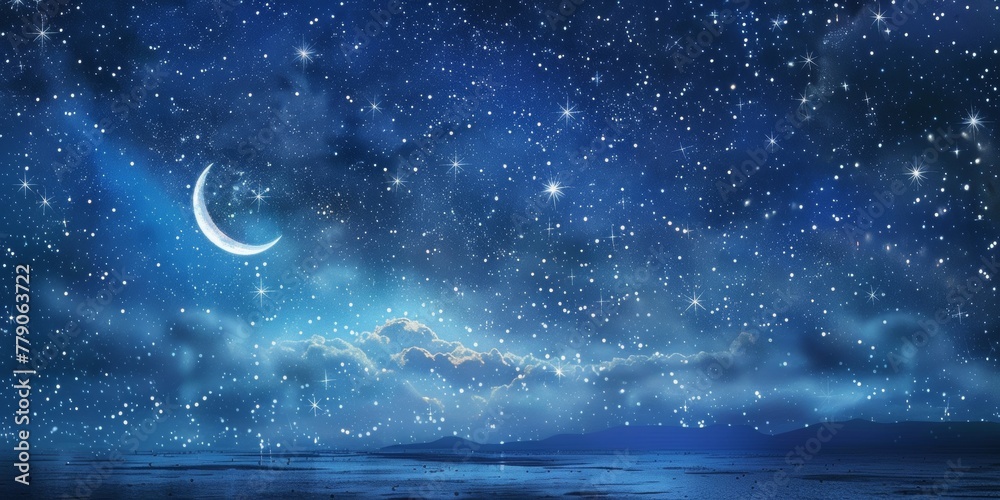 Crescent moon over calm water, electric blue sky, starry atmosphere. Generative AI Crescent moon over calm water, electric blue sky, starry atmosphere. Generative AI