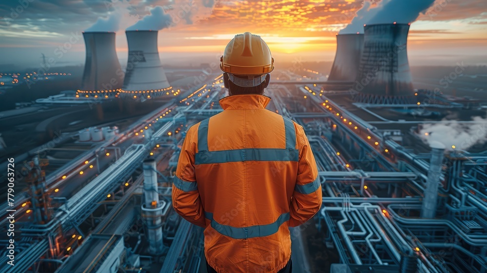 Engineer with an inactive nuclear power plant. Aerial high view. Generative AI. Engineer with an inactive nuclear power plant. Aerial high view. Generative AI.