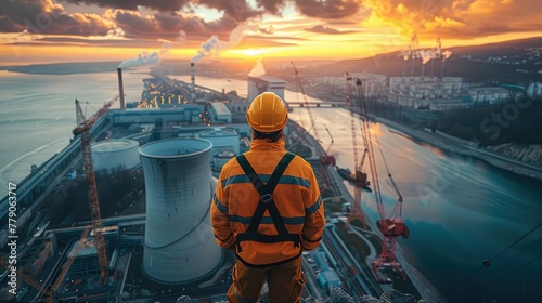 Engineer with an inactive nuclear power plant. Aerial high view. Generative AI. photo