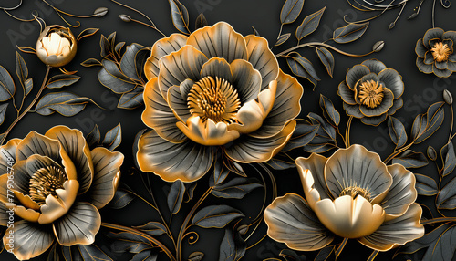 A digital illustration of stylized golden flowers with metallic sheen against a dark background, portraying luxury and elegance.