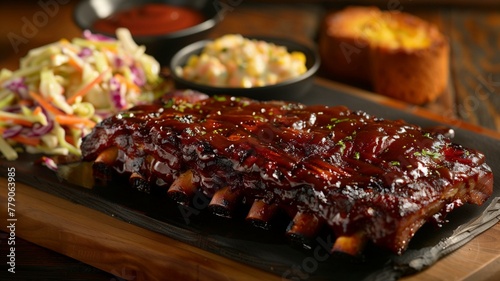 A feast for the senses unfolds with a platter of succulent barbecue ribs  glazed to perfection and accompanied by tangy coleslaw and golden cornbread.