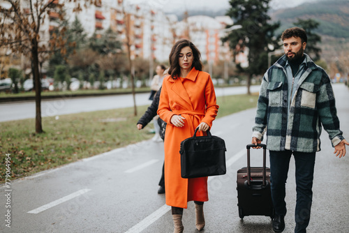 A male and female business colleague walk together, engrossed in conversation, on a cloudy day, showcasing urban work life and cooperation.