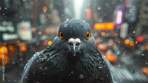 Curious Pigeon Up-Close With Raindrops Against a Blurred City Night Lights Background © Viktoriia