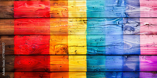 A wooden texture background painted with the colors of the rainbow flag, symbolizing LGBTQ+ pride and diversity. photo