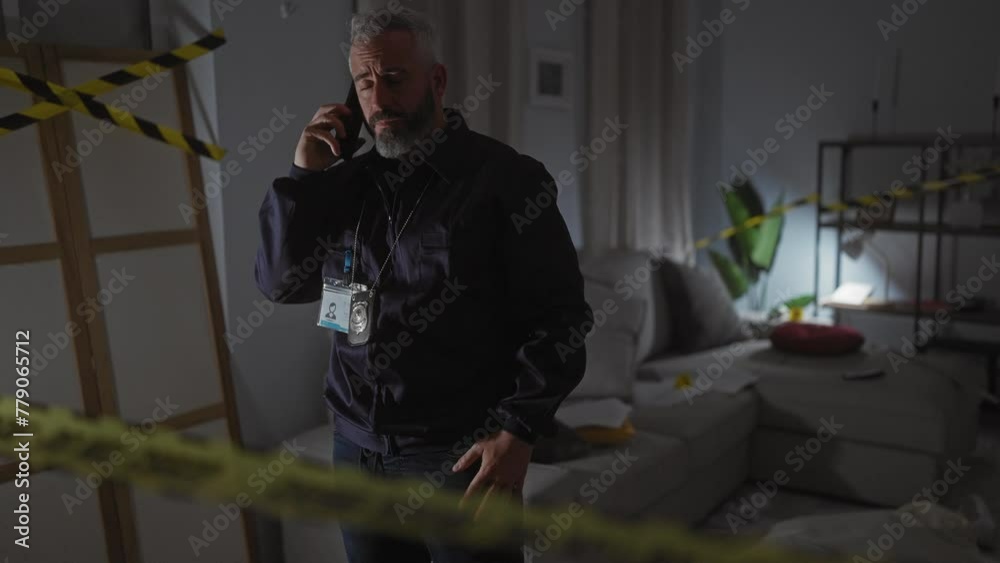 A serious middle-aged detective with a beard talks on a phone at a dimly lit indoor crime scene with caution tape A serious middle-aged detective with a beard talks on a phone at a dimly lit indoor crime scene with caution tape