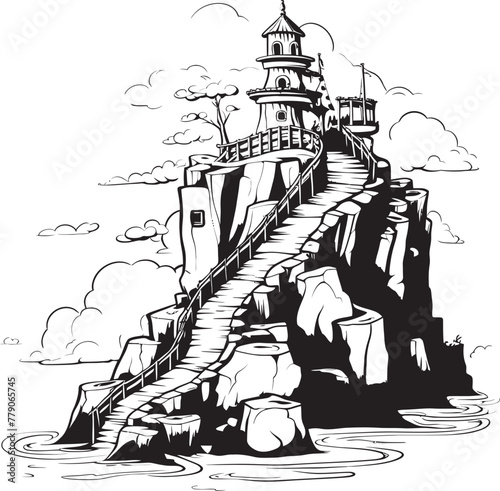 Island Odyssey Stair Iconography on Rocky Outcrop Coastal Zenith Stair Emblem on Rocky Island