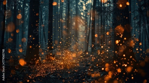Dark magic forest with orange sparkles. Generative AI. © visoot