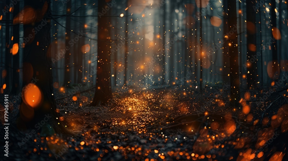 Dark magic forest with orange sparkles. Generative AI.