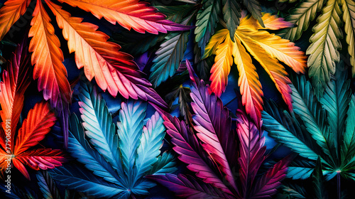 Colorful assortment of leaves arranged in a vibrant, overlapping pattern, showcasing a spectrum of hues from reds to blues. photo