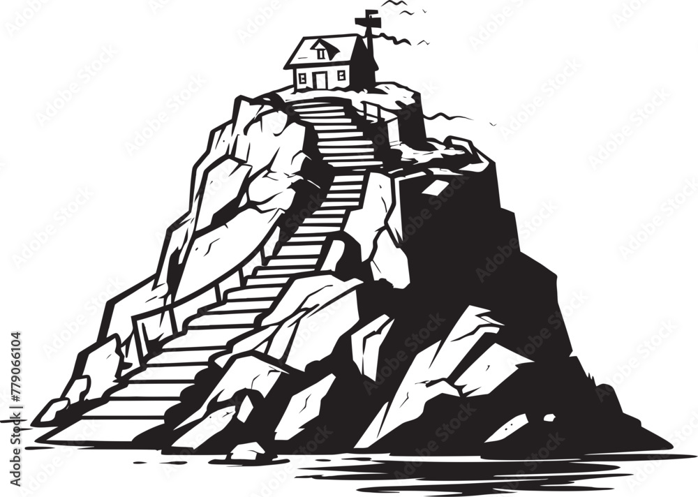 Nautical Ascent Stair Emblem on Rocky Outcrop Summit Sanctuary Rocky Island with Stair Icon - obrazy, fototapety, plakaty 