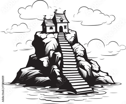 Oceanic Overlook Rocky Island with Stair Icon Seabreeze Ascent Stair Symbol on Rocky Island Logo