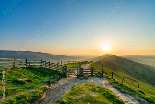 The Great Ridge at sunrise. Mam Tor hill in Peak District. United Kingdom 