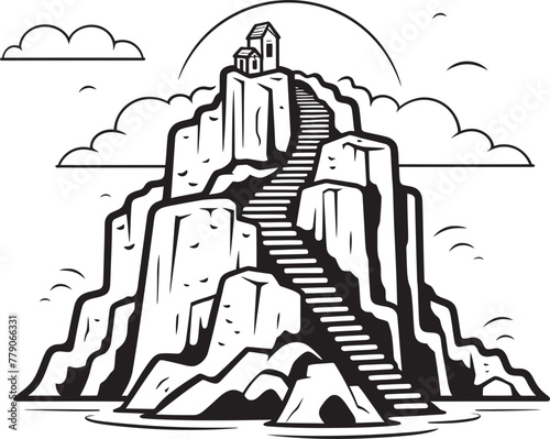 Coastal Zenith Stair Logo Design on Rocky Outcrop Seashore Summit Rocky Island with Stair Icon