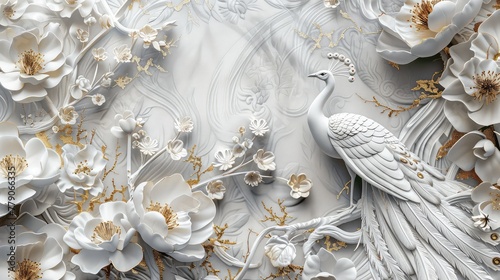 Elegant White Peacock Amidst Blooming Flowers