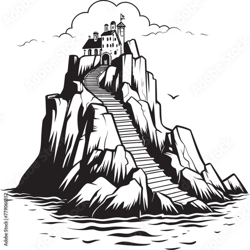 Coastal Climb Rocky Island Stair Logo Icon Seaside Sojourn Stair Symbol on Rocky Island