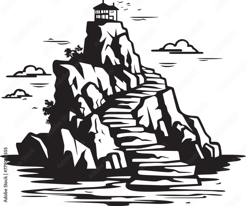 Seashore Summit Stair Logo Design on Rocky Island Summit Serenity Stair Emblem on Rocky Outcrop - obrazy, fototapety, plakaty 
