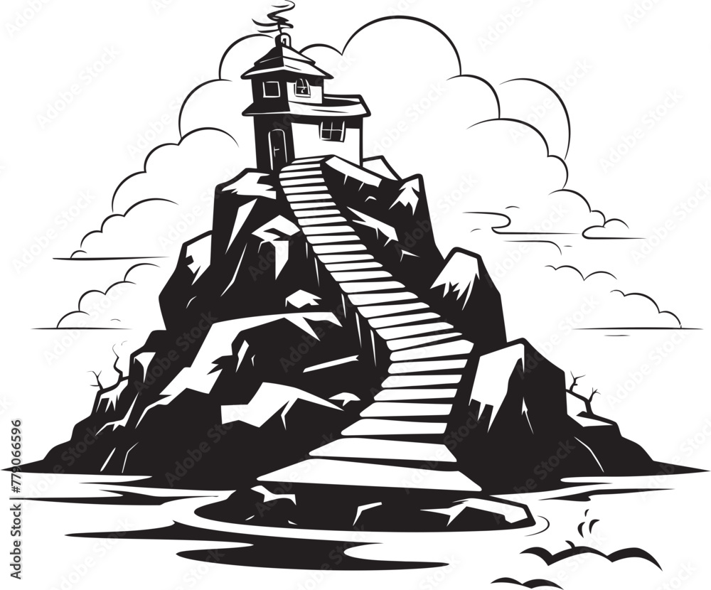 Coastal Connection Stair Design on Rocky Island Island Odyssey Stair Iconography on Rocky Outcrop - obrazy, fototapety, plakaty 