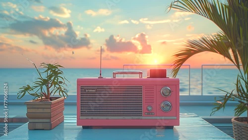 Lofi radio background music with chill vibes under coconut trees on a summer beach. seamless looping 4k time-lapse animation video background photo