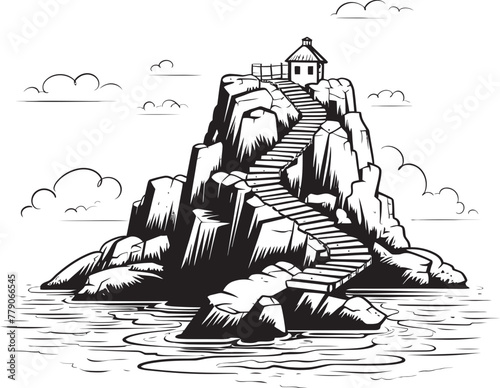 Coastal Zenith Rocky Island with Stair Icon Seashore Summit Stair Logo Design on Rocky Island