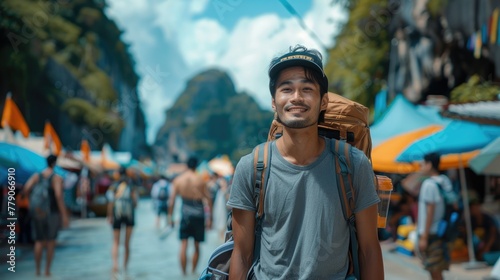 Asian man backpacking, feeling comfortable and smiling, reassured by travel insurance, background featuring iconic Thai travel destinations. Generative AI. photo