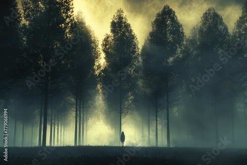 Misty forest landscape with sunlight beams - Ethereal scene of a person in a mystic forest with beams of light cutting through the foggy air