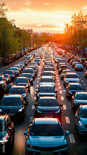 Heavy traffic on a city street during a sunset, causing congestion with rows of cars waiting.