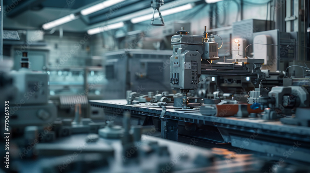 A busy plastic molding factory with molding machines and molds, momentarily paused but ready to produce plastic products of various shapes and sizes A busy plastic molding factory with molding machines and molds, momentarily paused but ready to produce plastic products of various shapes and sizes