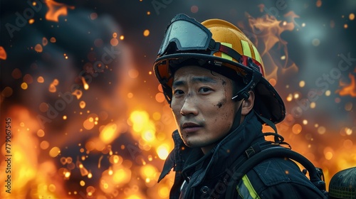 Portrait of a male Chinese firefighter with a background of flames and smoke, the firefighter is wearing a yellow fire hat and a black fire suit. Generative AI.