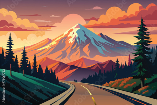 Road leading towards mount Rainier or Tahoma in Cascades range with sunset clouds hovering low in sky.  for kids background vector illustration.generative ai