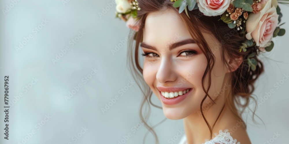 The bride is happily wearing a flower crown in her hair, smiling with her eyes. Generative AI