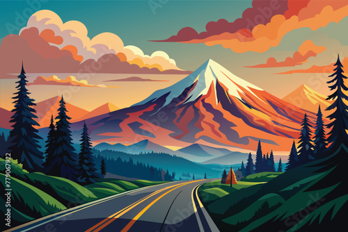 Road leading towards mount Rainier or Tahoma in Cascades range with sunset clouds hovering low in sky.  for kids background vector illustration.generative ai