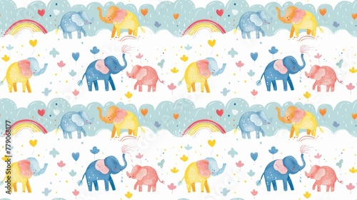 Baby elephants spraying rainbows, joyful waterplay, vivid