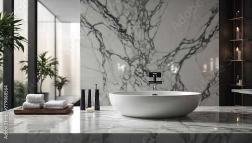 White bathroom interior  Empty marble table top for product display with blurred bathroom interior background