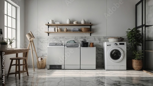  White blurry home laundry room with modern washing machine and empty marble table top, Blank space for product display