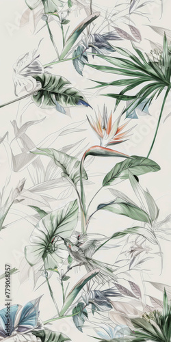 Elegant botanical illustration featuring a variety of tropical plants with large leaves and a bird of paradise flower.