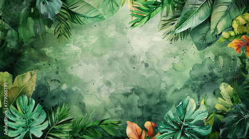 Rigogliose foglie tropicali di colore verde intenso creano un bordo su uno sfondo verde con spazio per il testo.