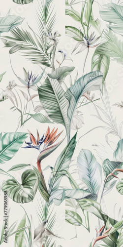 Elegant botanical pattern wallpaper featuring tropical leaves and flowers in a delicate color palette on a light background.