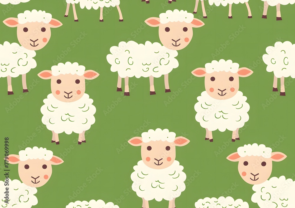 Cute cartoon sheep seamless pattern, green background