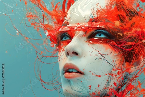 Abstract digital art portraying a woman's face with red fractal elements and splashes, against a turquoise background, evoking a sense of dynamic motion.