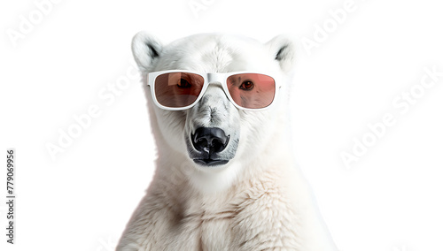 Polar bear wearing white sunglasses on a solid color background