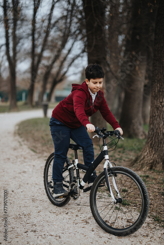 Active young kid joyfully riding a bicycle on a park path, capturing the essence of childhood