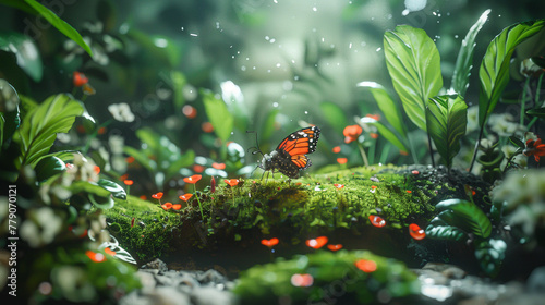 A detailed 3D render of a tiny expedition force navigating the jungle of a houseplant, encountering insect tribes