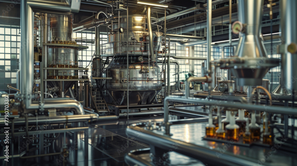 A busy chemical engineering lab with distillation columns and reaction vessels, currently at rest but ready to develop chemical processes for various industries