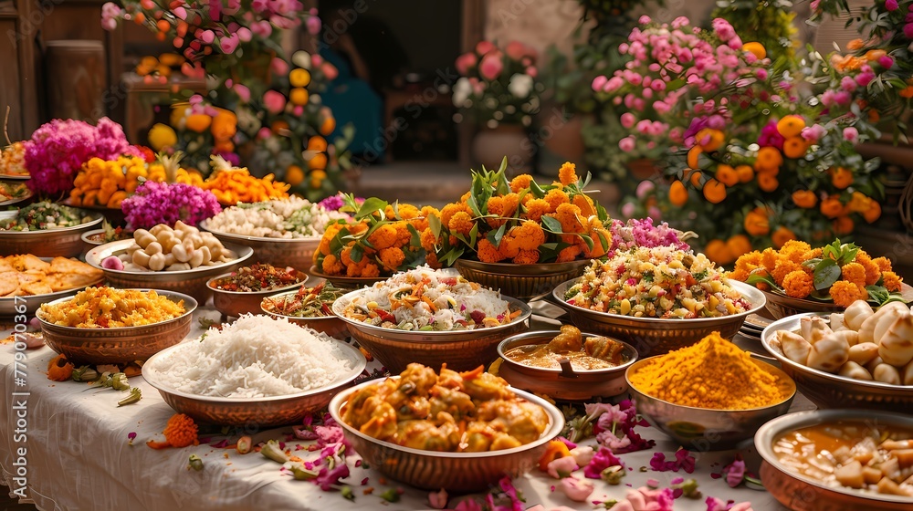 A traditional Basant feast displayed on a white tablecloth, showcasing the vibrant colors of the dishes and decorations