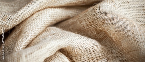 This image captures the natural elegance of a draped beige textile with a focus on its intricate weave and texture. Burlap fabric texture - background
