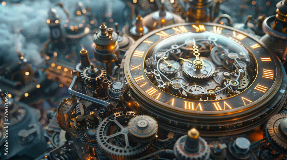 A dynamic 3D render of a tiny steampunk army, with gears and steampowered contraptions, fighting atop a vintage clock