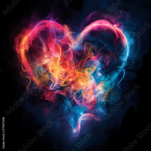 A heart shape made of vibrant colors and swirling smoke  set against an abstract dark background  symbolizing passion in love